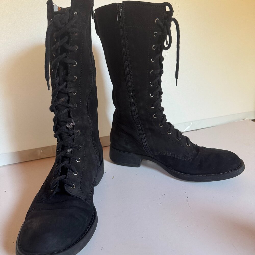Vera Wang Below Knee Black Suede Lace-up Boots; size 7